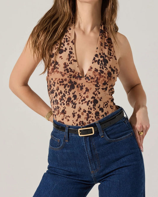 ASTR Nala Mesh Halter Bodysuit | Taupe Leopard Print