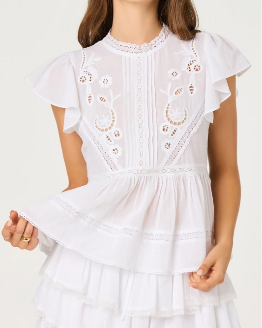ASTR Jenny Eyelet Flutter Sleeve Top | White
