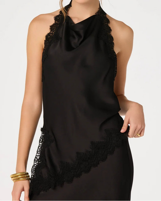 ASTR Amira Satin Lace Trim Halter Top | Black