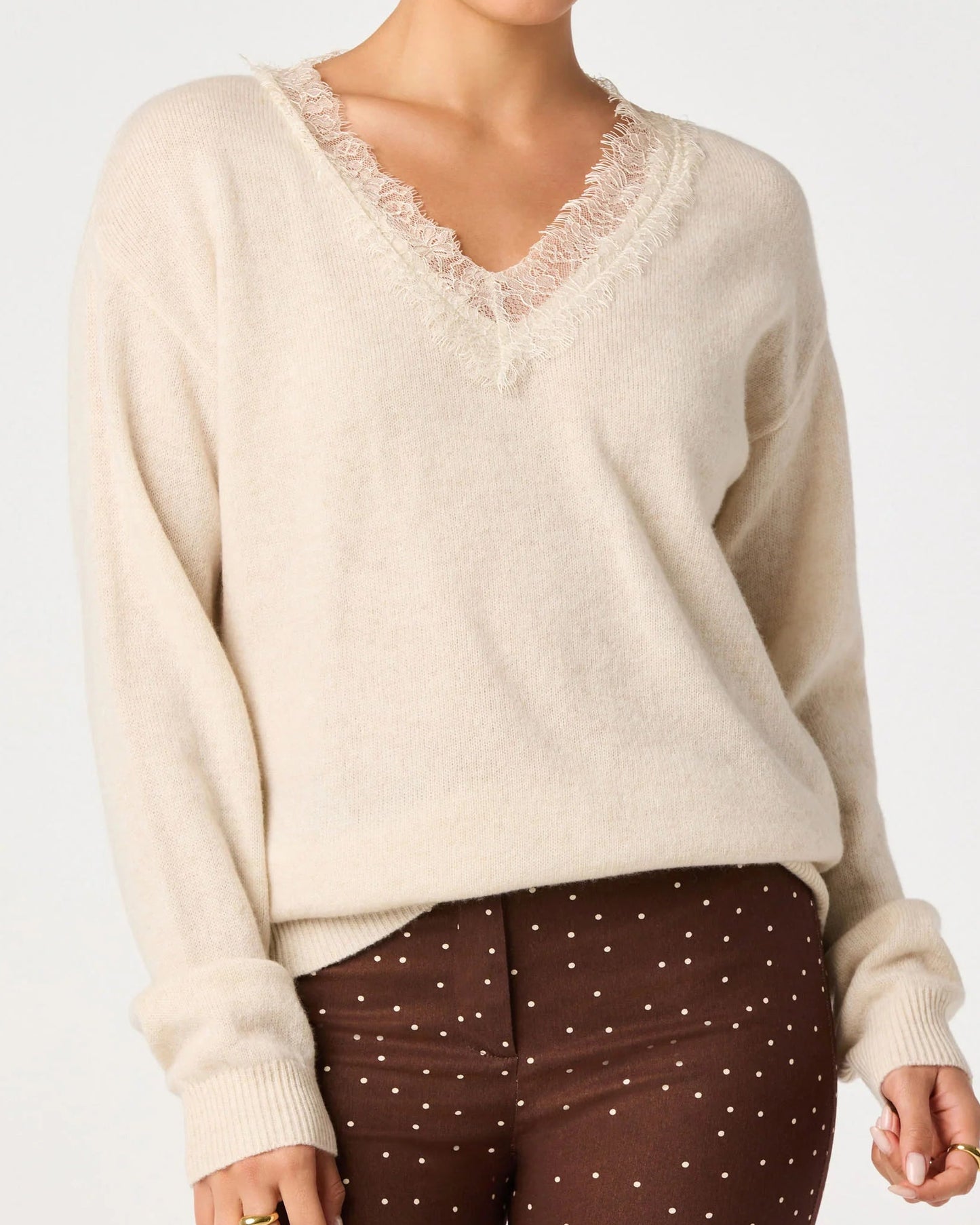ASTR Jadyn Lace-Trim V-Neck Sweater | Ivory