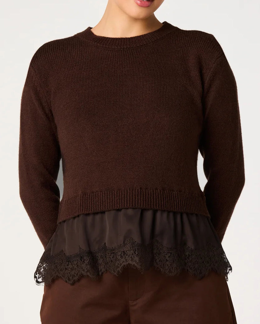 ASTR Juliette Mixed Media Lace Trim Sweater | Brown
