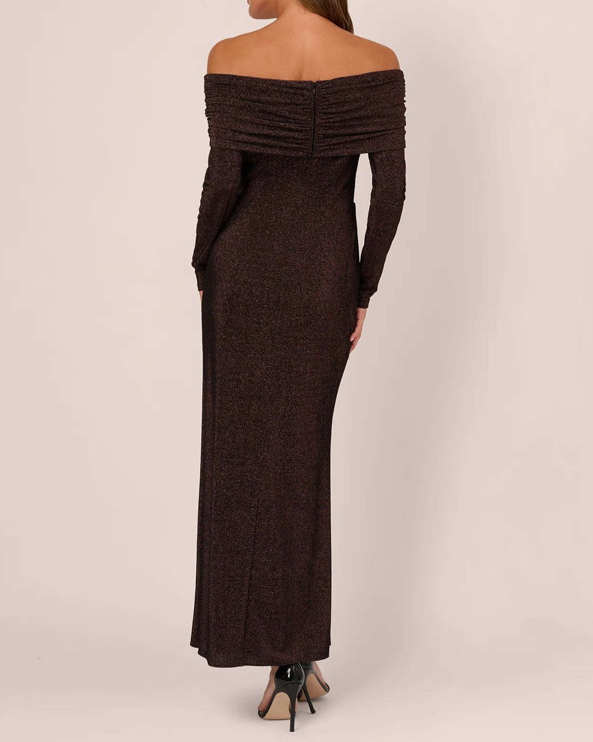 Adrianna Off Shoulder Long Sleeve Metallic Knit Maxi Dress | Chocolate