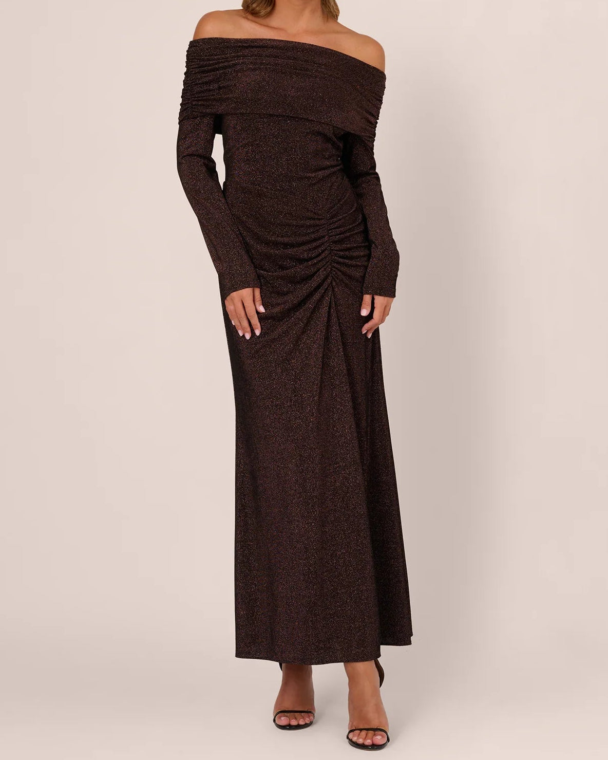 Adrianna Off Shoulder Long Sleeve Metallic Knit Maxi Dress | Chocolate
