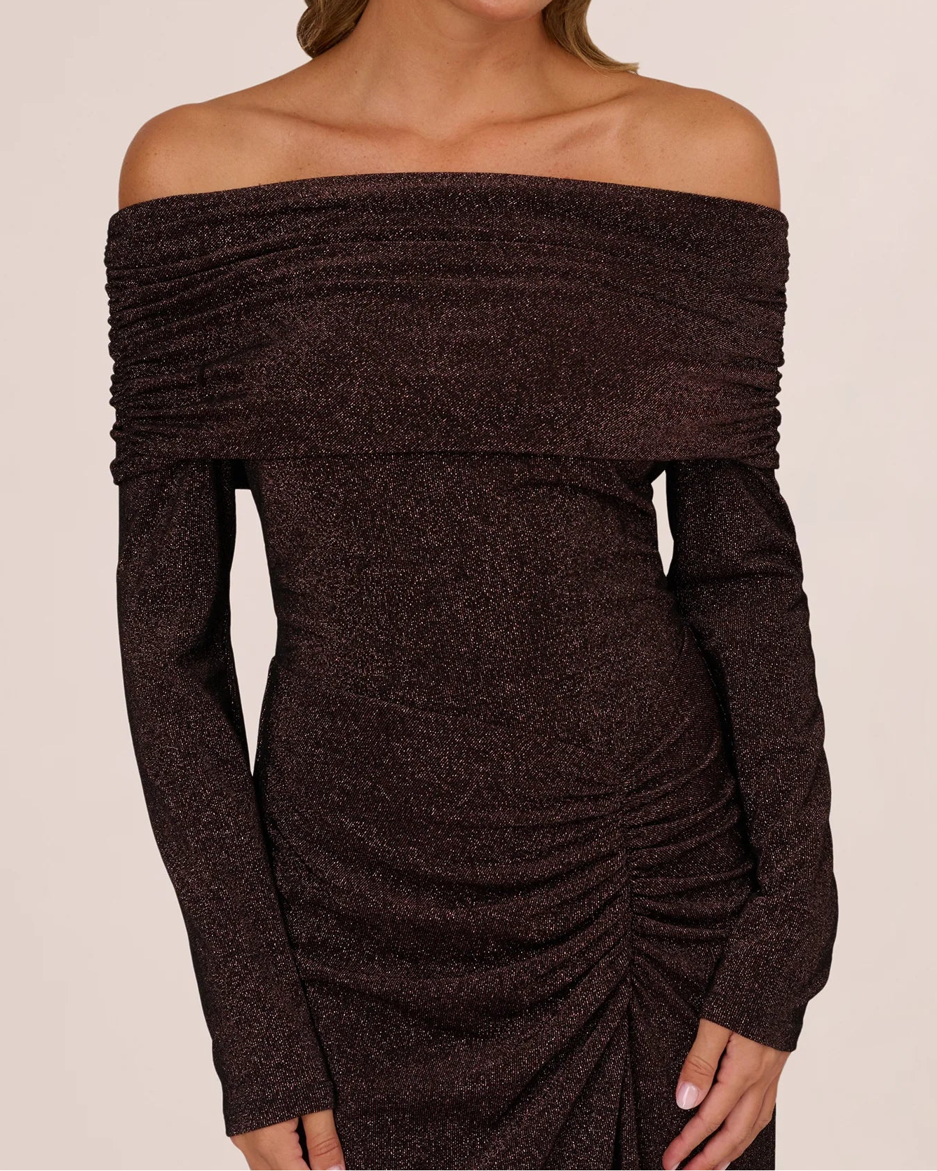 Adrianna Off Shoulder Long Sleeve Metallic Knit Maxi Dress | Chocolate