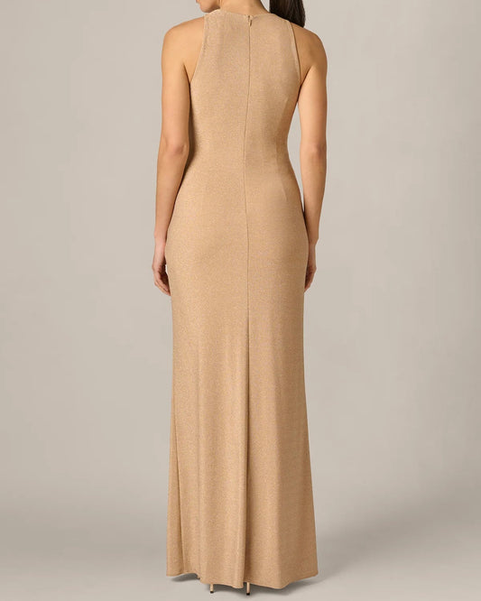 Adrianna Metallic Stretch Knit Draped Gown | Light Gold