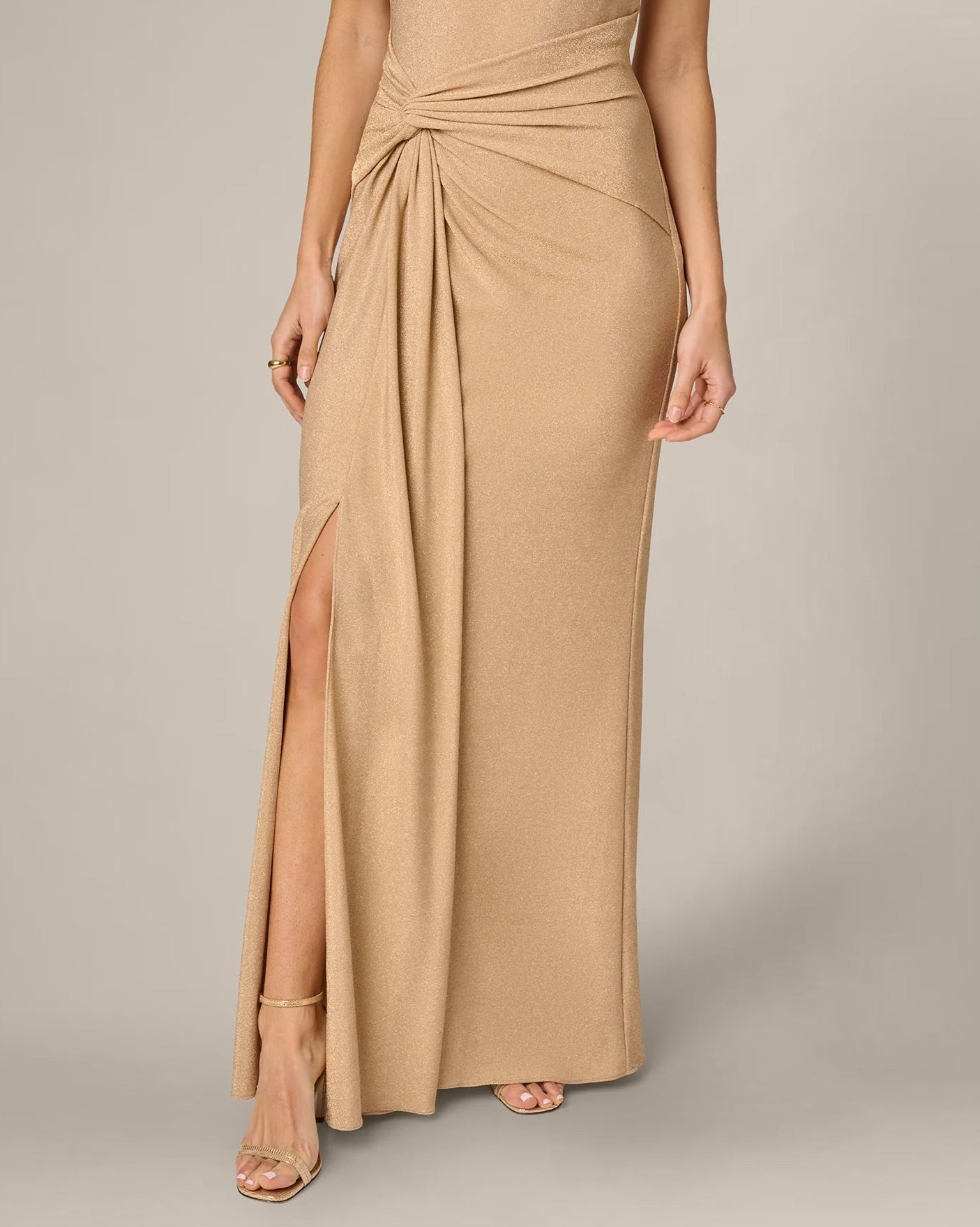 Adrianna Metallic Stretch Knit Draped Gown | Light Gold