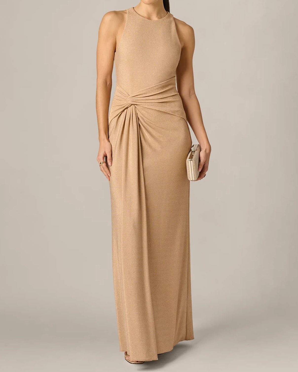 Adrianna Metallic Stretch Knit Draped Gown | Light Gold