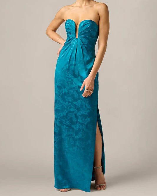 Adrianna Strapless Floral Jacquard Plunge Gown | Peacock