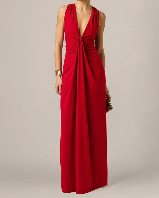 Adrianna Draped Stretch Jersey cross Back Plunge Gown | Red