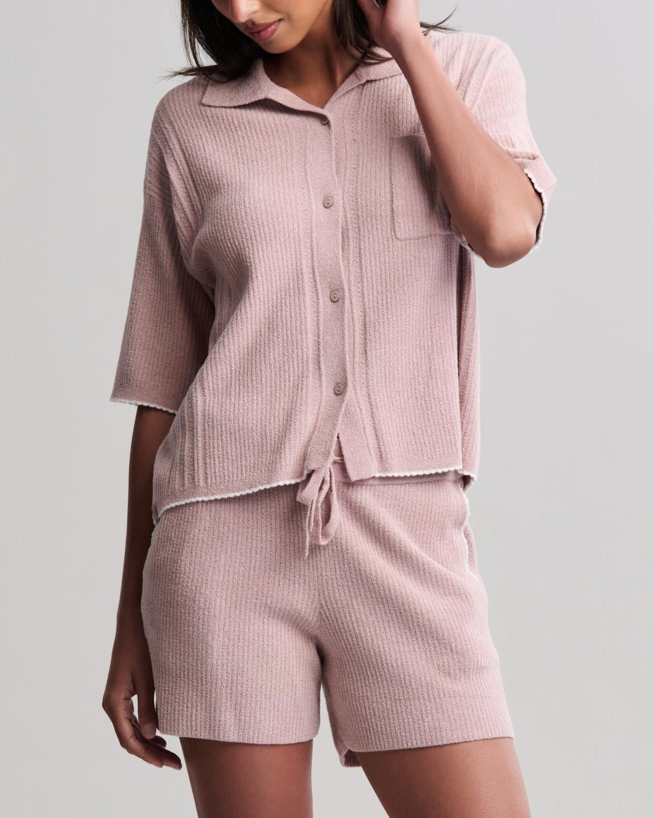 Barefoot Dreams CozyChic Contrast Scallop Short Sleeve Shirt and Short Set