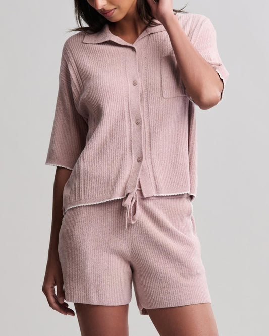 Barefoot Dreams CozyChic Contrast Scallop Short Sleeve Shirt and Short Set