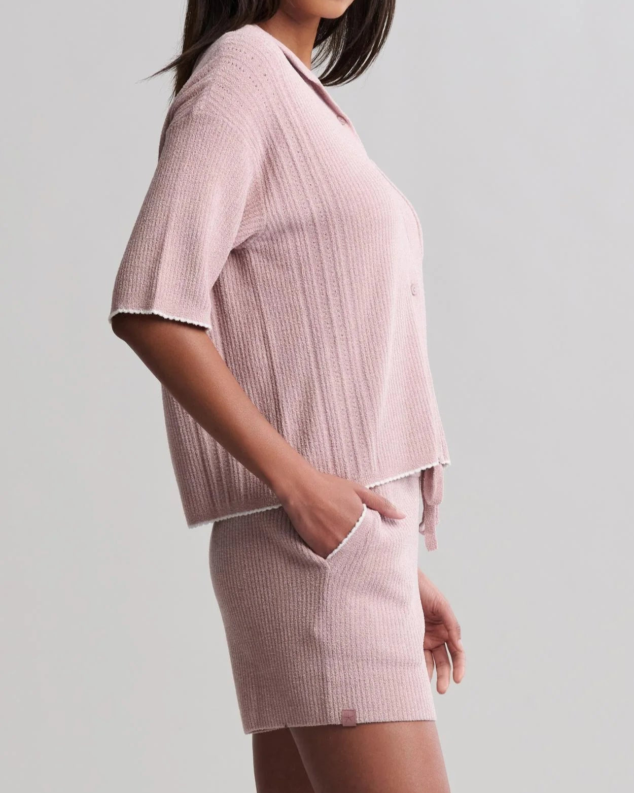 Barefoot Dreams CozyChic Contrast Scallop Short Sleeve Shirt and Short Set