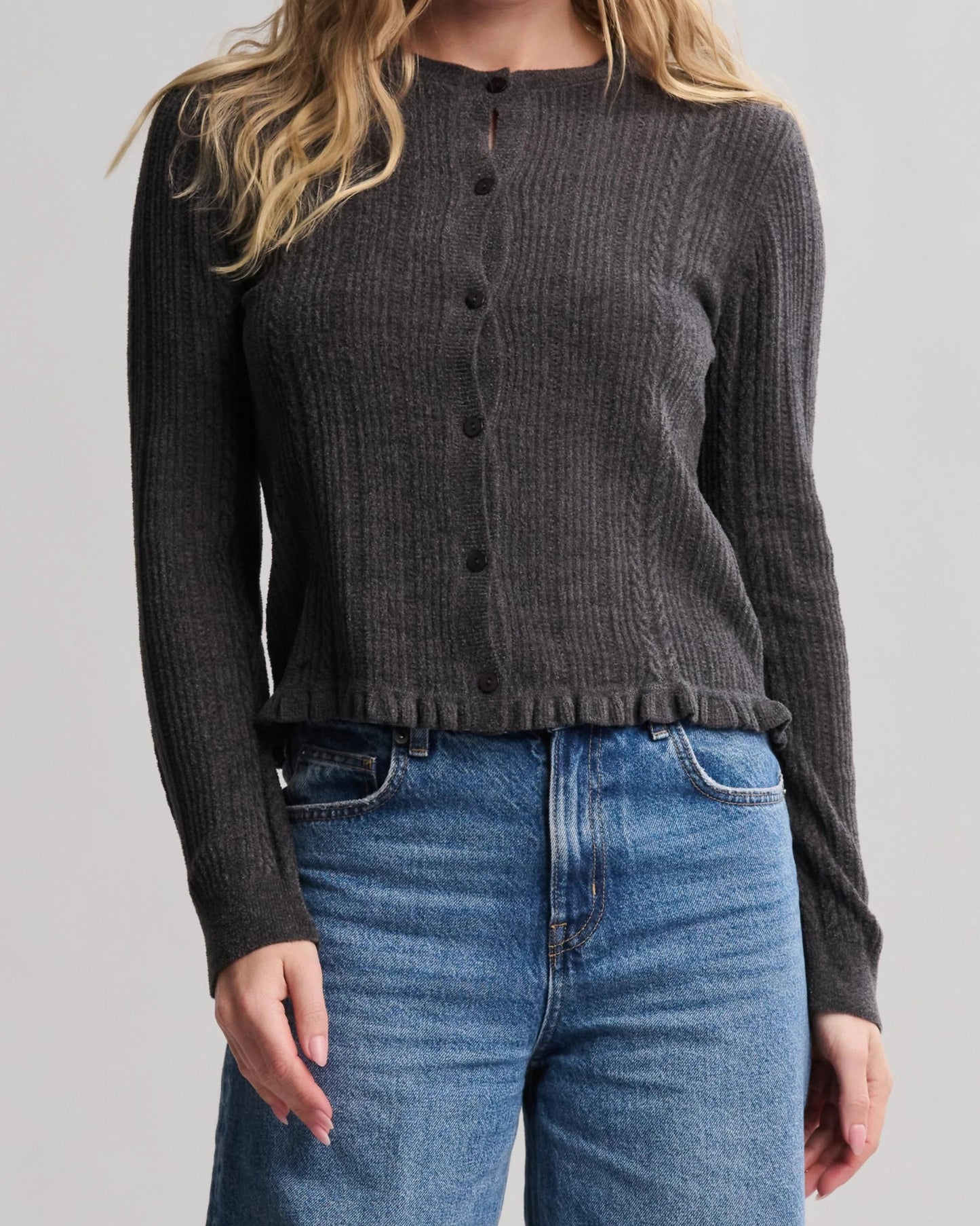 Barefoot Dreams CozyChic Cable Knit Cardigan with Ruffle | Carbon