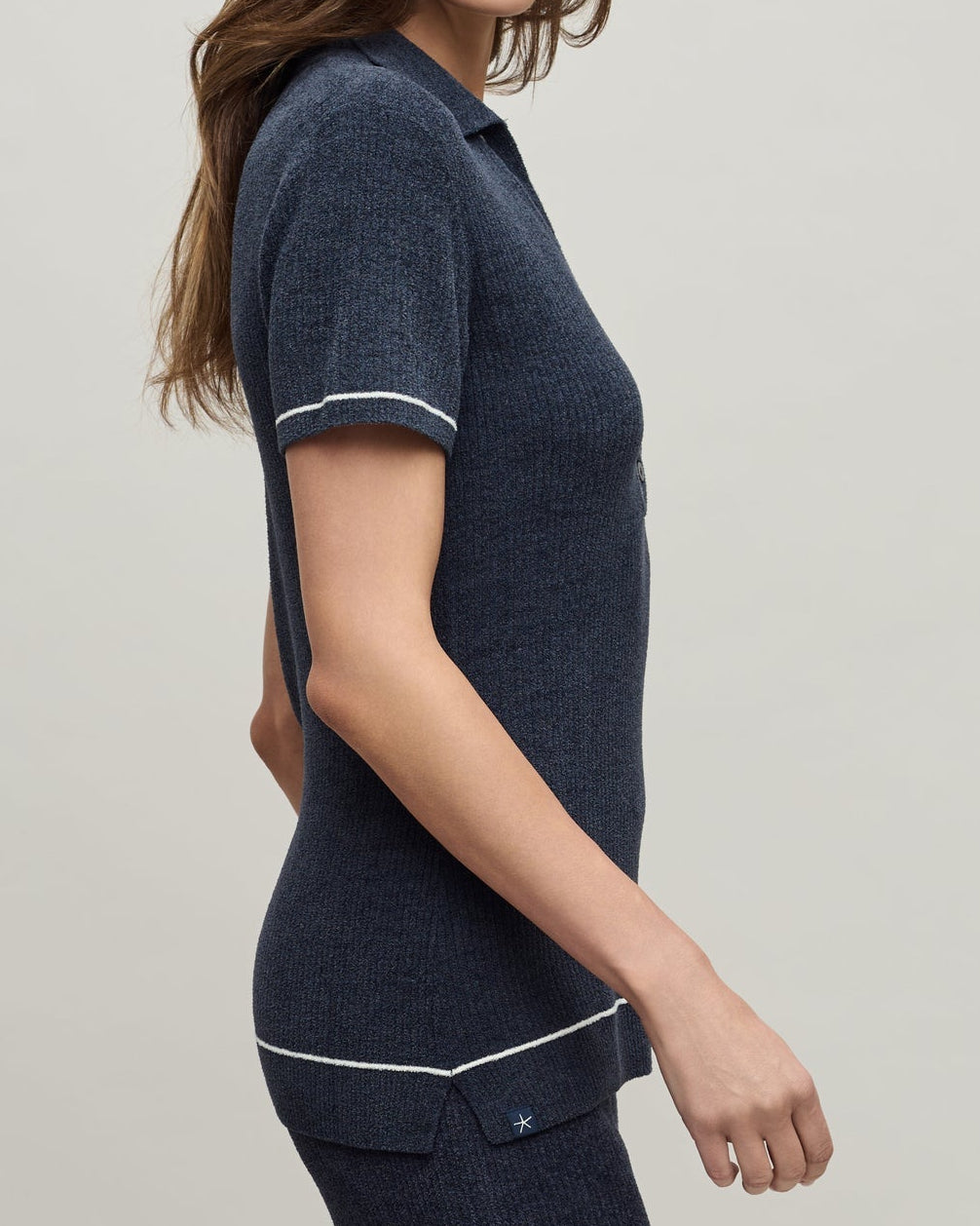 Barefoot Dreams Contrast Stripe Ribbed Collar Henley | Indigo/Pearl