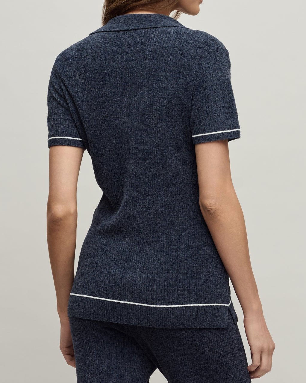 Barefoot Dreams Contrast Stripe Ribbed Collar Henley | Indigo/Pearl