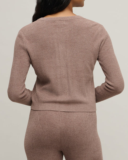 Barefoot Dreams Pointelle Rib Ruffle Front Cardigan | Sable