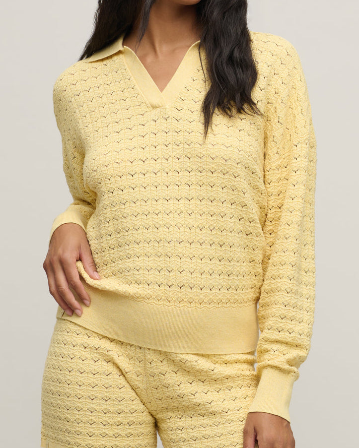 Barefoot Dreams Cotton Tulip Pointelle Collared Pullover | Heathered Canary