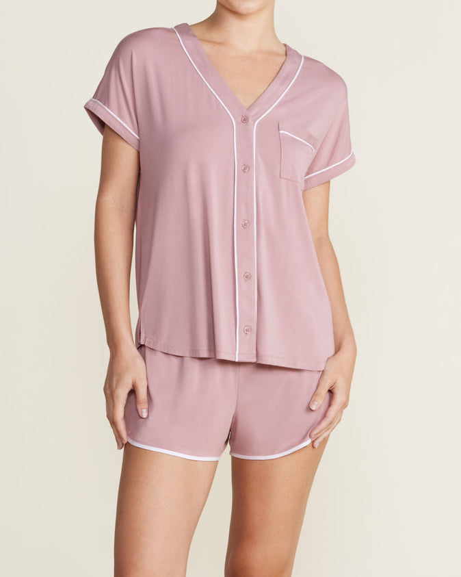 Barefoot Dreams Malibu Collection Soft Jersey Piped Lounge Set | Teaberry/White