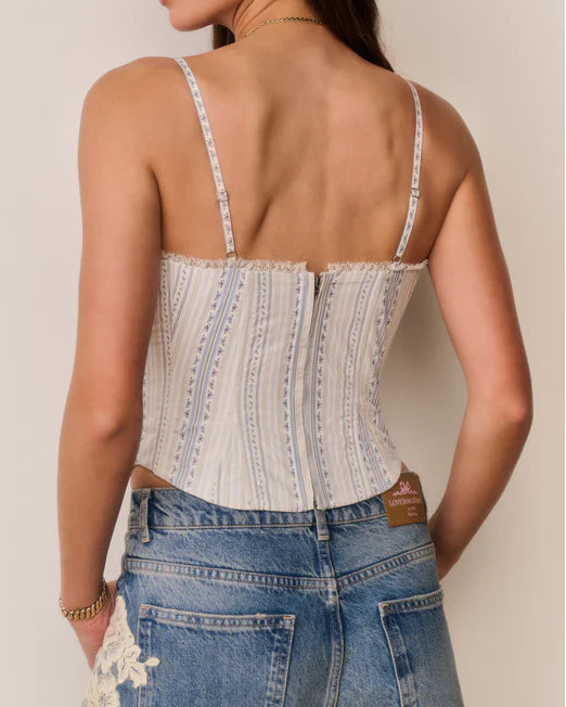 Love Shack Fancy Bensen Cotton Lace-Up Bustier | Cinched Blue