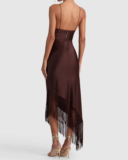 Alice + Olivia Harmony Asymmetrical Fringe Maxi Dress | Chocolate