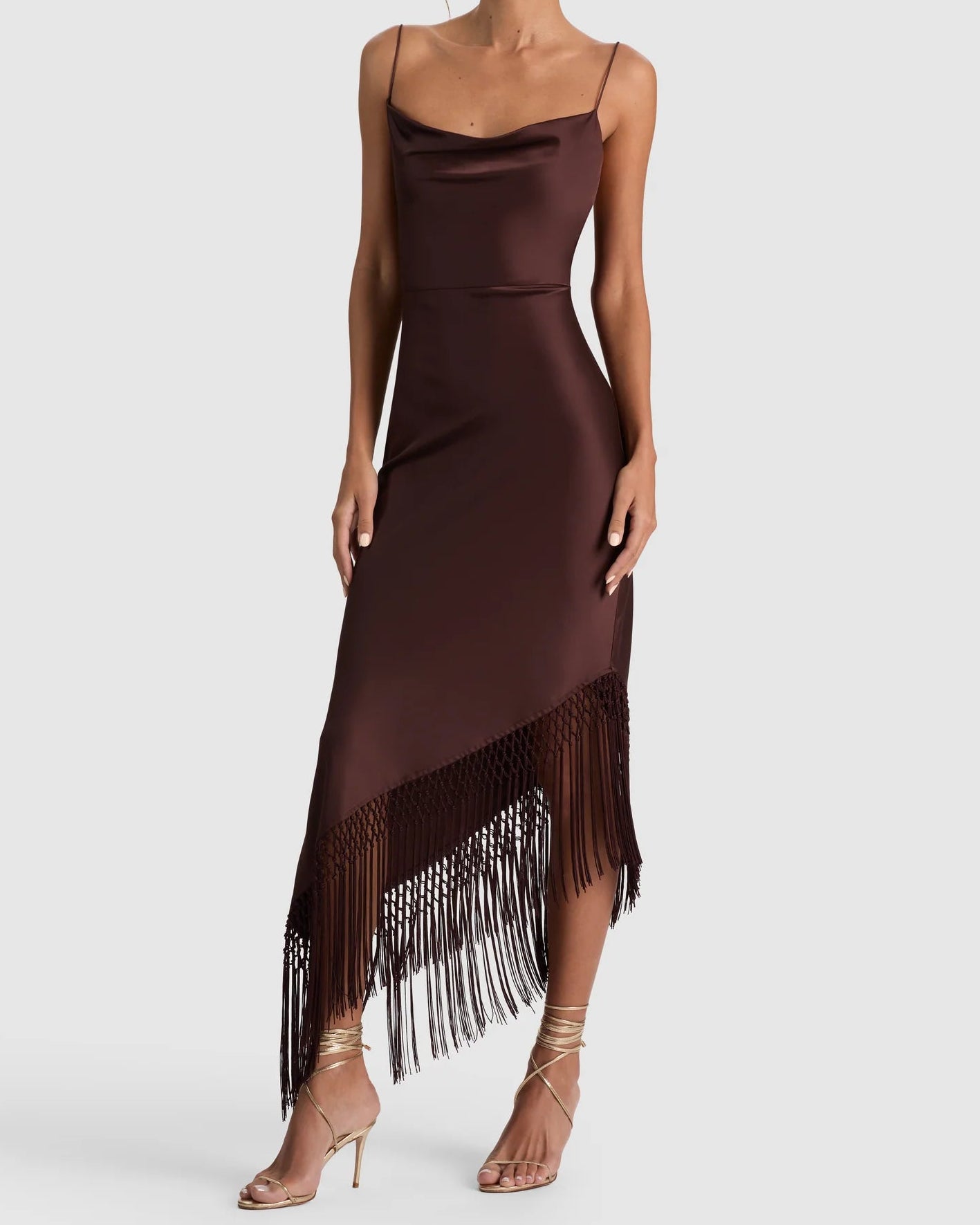 Alice + Olivia Harmony Asymmetrical Fringe Maxi Dress | Chocolate