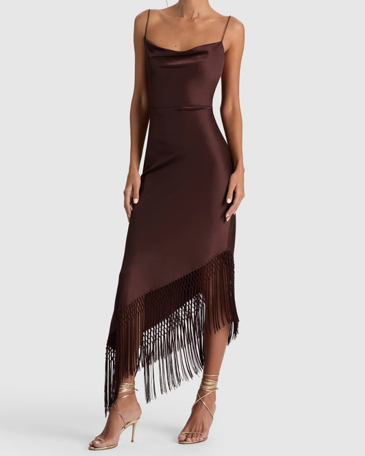Alice + Olivia Harmony Asymmetrical Fringe Maxi Dress | Chocolate