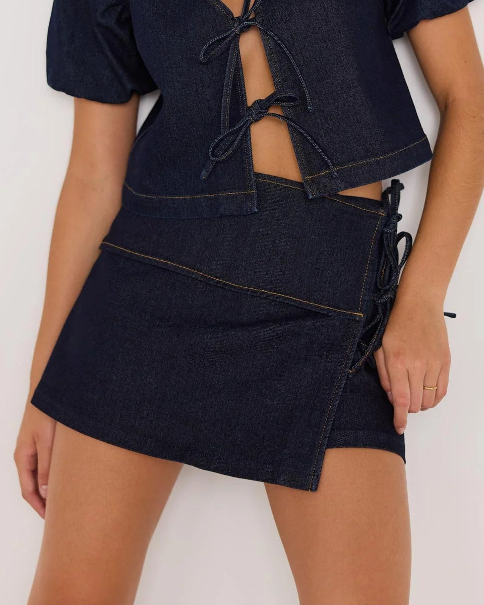 Mink Pink Camilla Denim Tie Wrap Skort