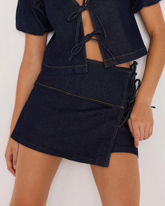 Mink Pink Camilla Denim Tie Wrap Skort