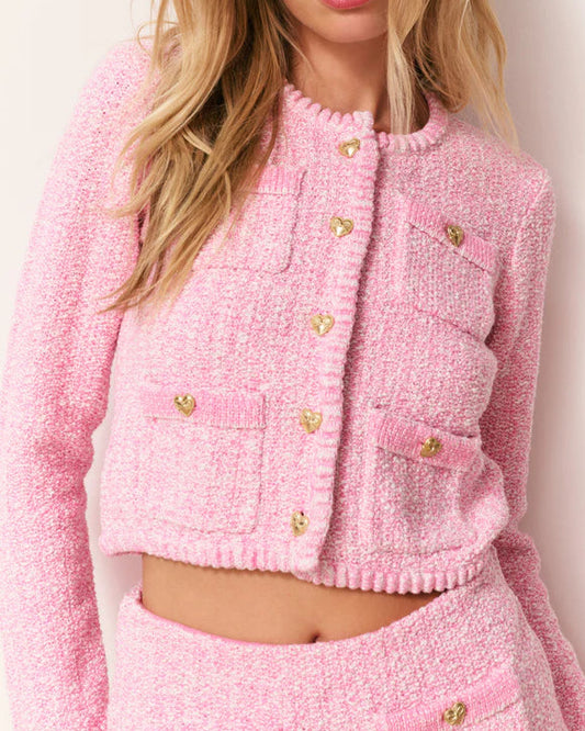 Love Shack Fancy Delcie Cotton Knit Cardigan | Candy Pink Melange