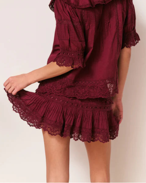 Love Shack Fancy Delphie Cotton Lace-Detailed Mini Skirt | Spiced Berry