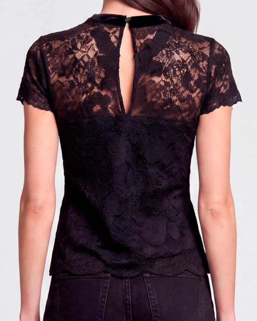 Generation Love Olympia Velvet Bow Mesh Lace Top | Black