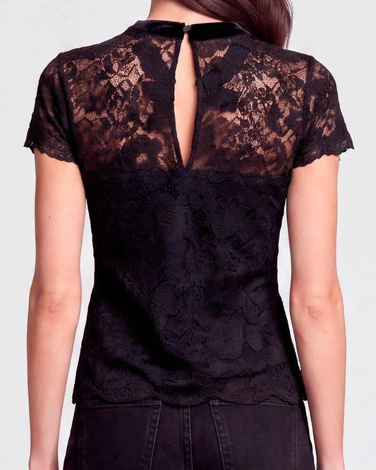 Generation Love Olympia Velvet Bow Mesh Lace Top | Black