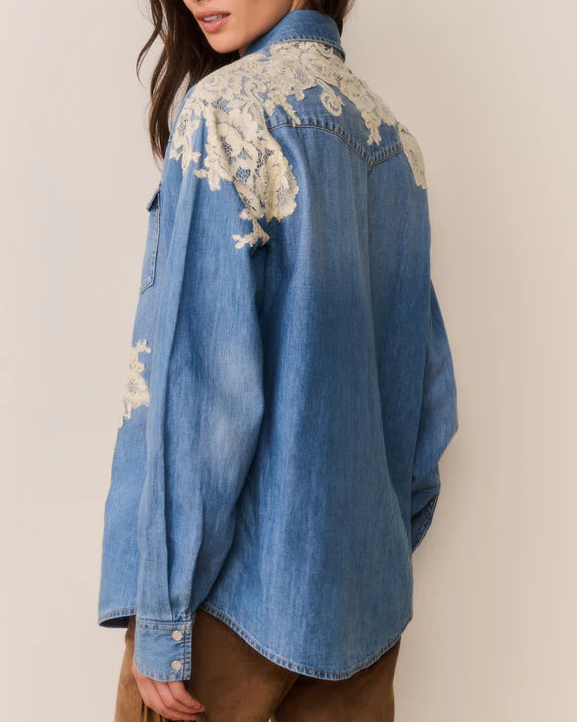 Love Shack Fancy Kelith Lace Applique Chambray Shirt | Denim