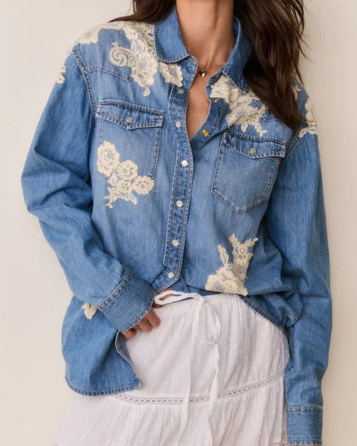 Love Shack Fancy Kelith Lace Applique Chambray Shirt | Denim