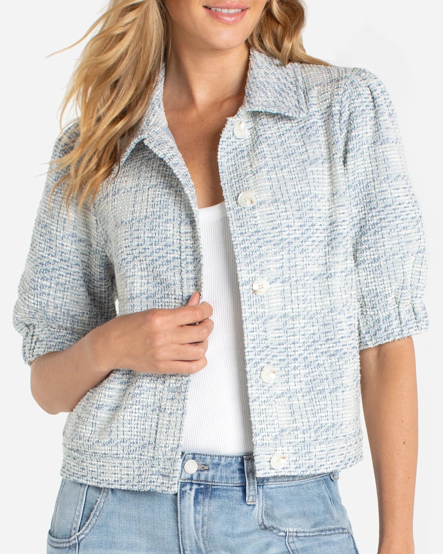 Liverpool Puff Sleeve Jacket | Cream Blue Plaid
