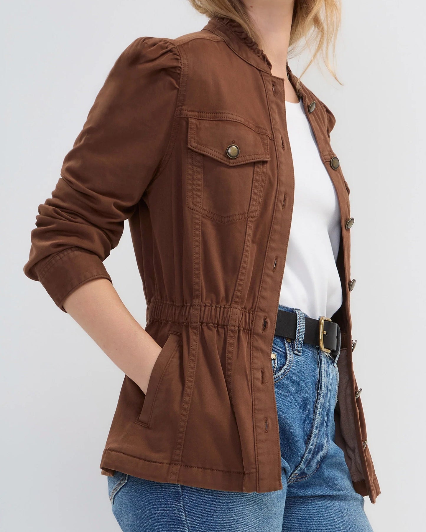 Liverpool Puff Sleeve Trucker Jacket | Carob Brown
