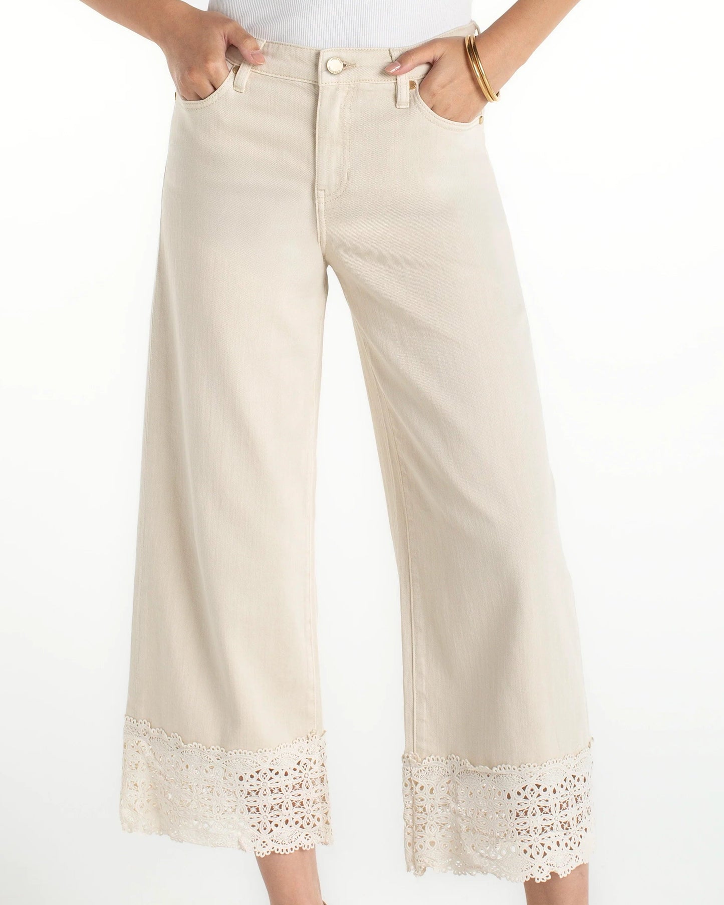 Liverpool Stripe Wide Leg Lace Trim | Ecru