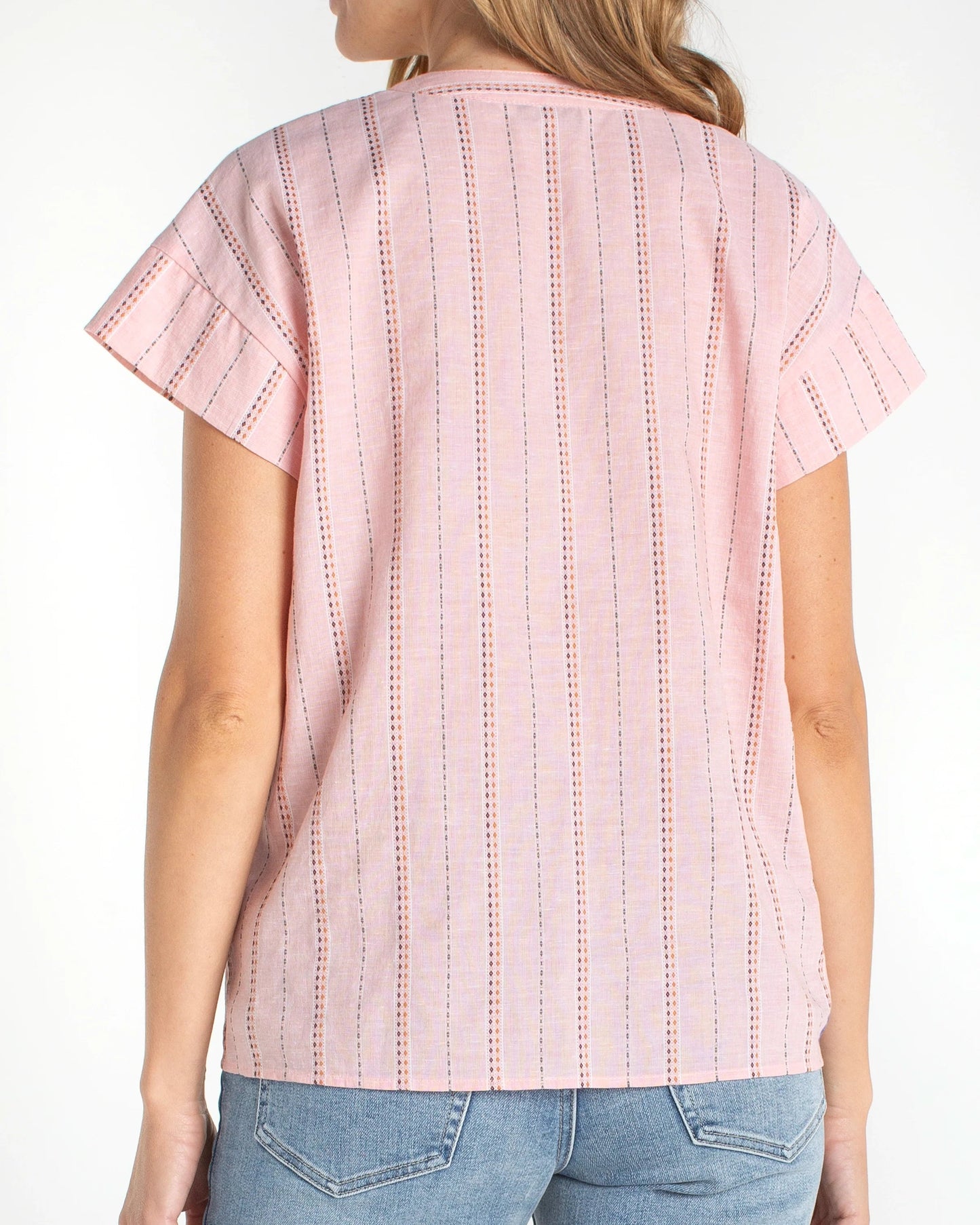 Liverpool Short Sleeve Popover Woven Top | Pink Multi Stripe