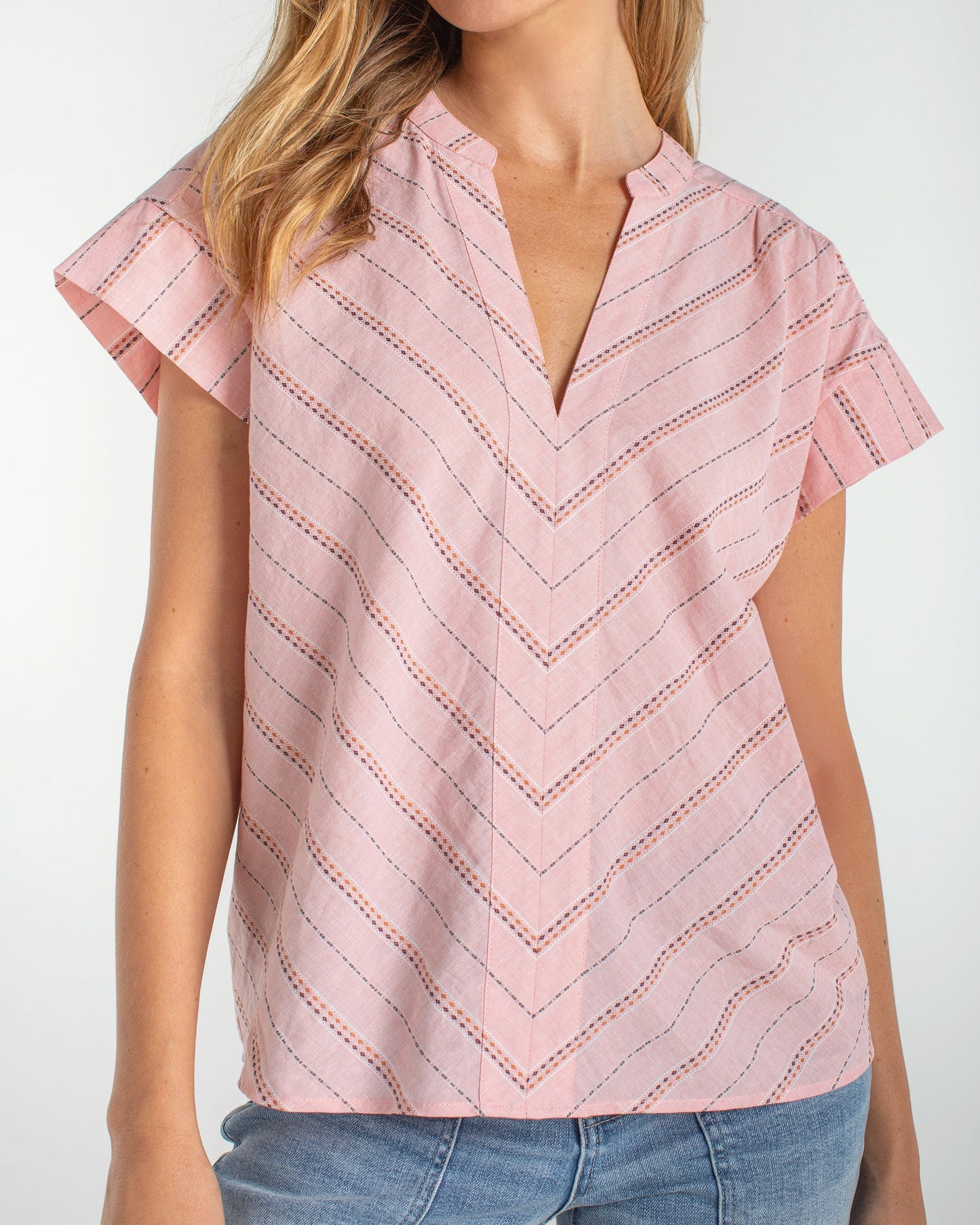 Liverpool Short Sleeve Popover Woven Top | Pink Multi Stripe