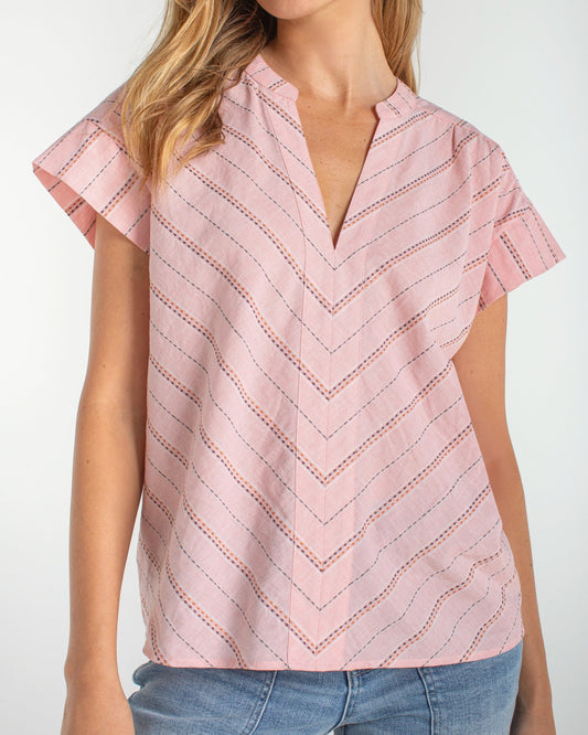 Liverpool Short Sleeve Popover Woven Top | Pink Multi Stripe