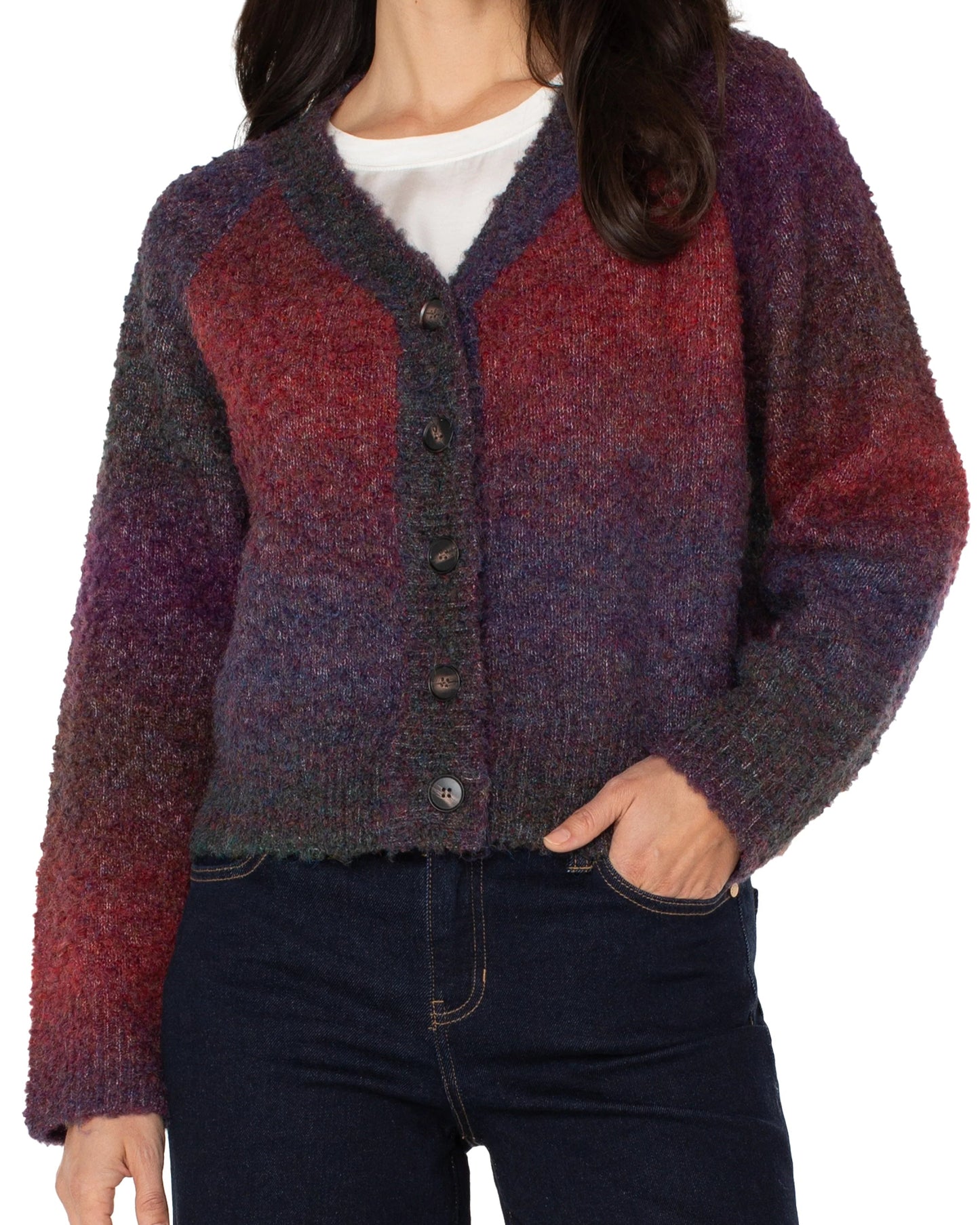 Liverpool Long Sleeve Cardigan Sweater | Berry Burgundy Ombre