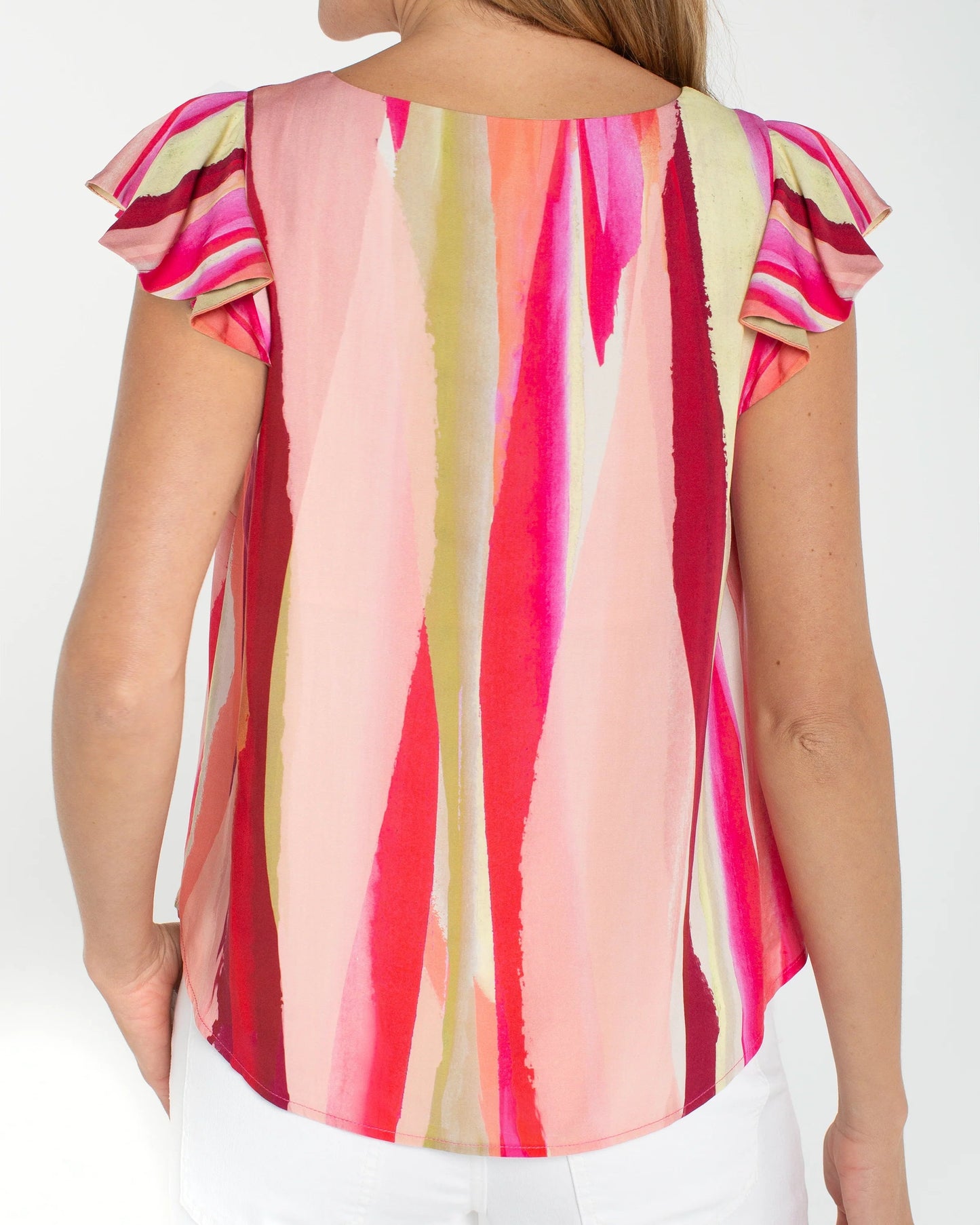 Liverpool Flutter Sleeve Scoop Neck Woven Top | Pink Multi