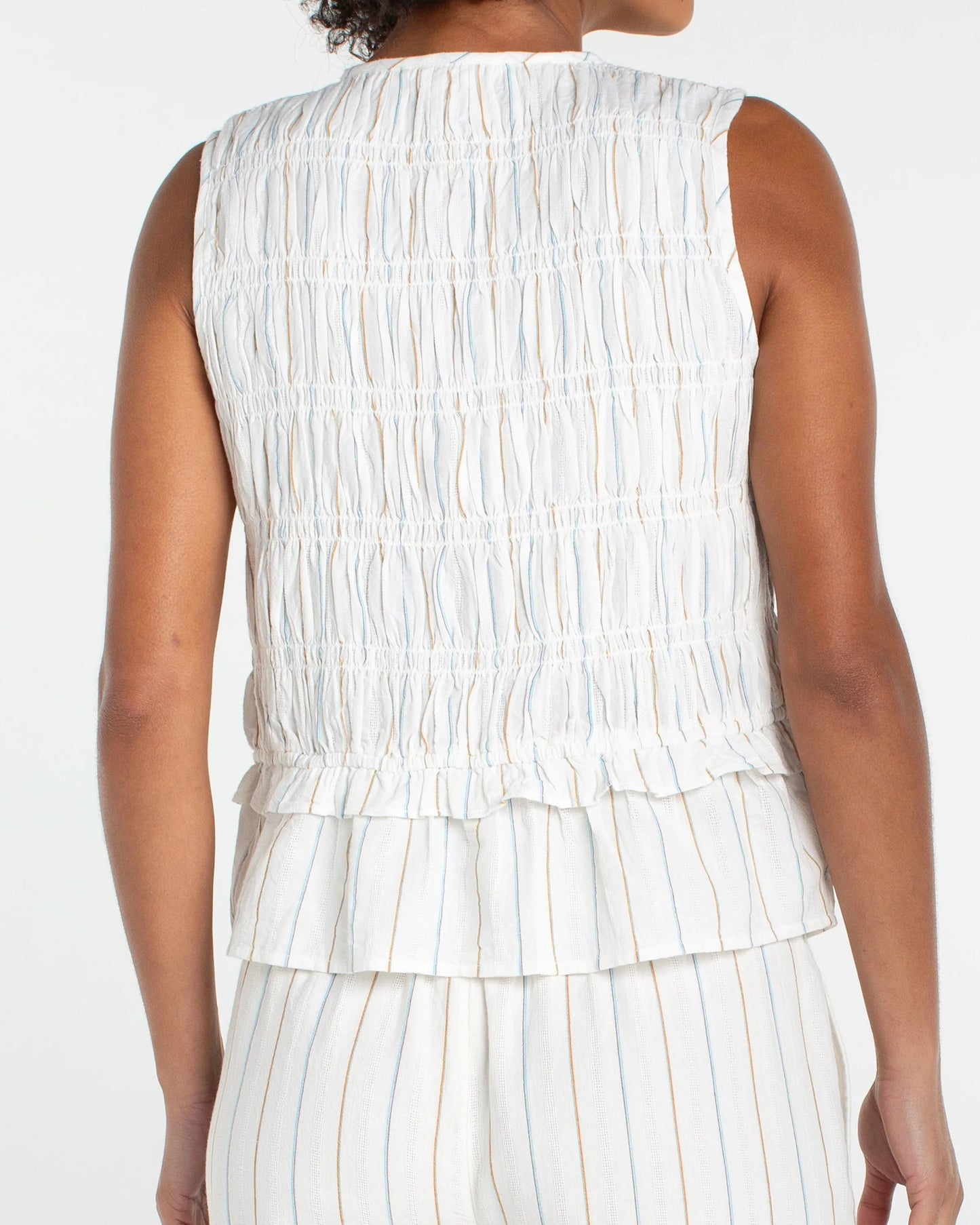 Liverpool Sleeveless Tie Front Woven Top | Cream Blue Multi Stripe