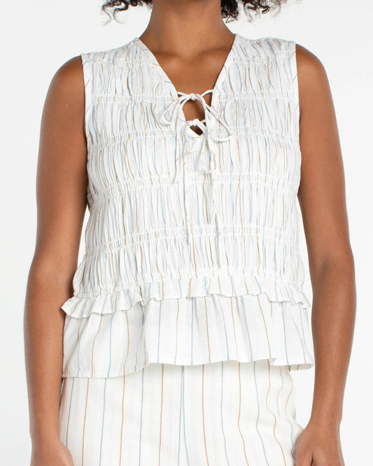 Liverpool Sleeveless Tie Front Woven Top | Cream Blue Multi Stripe