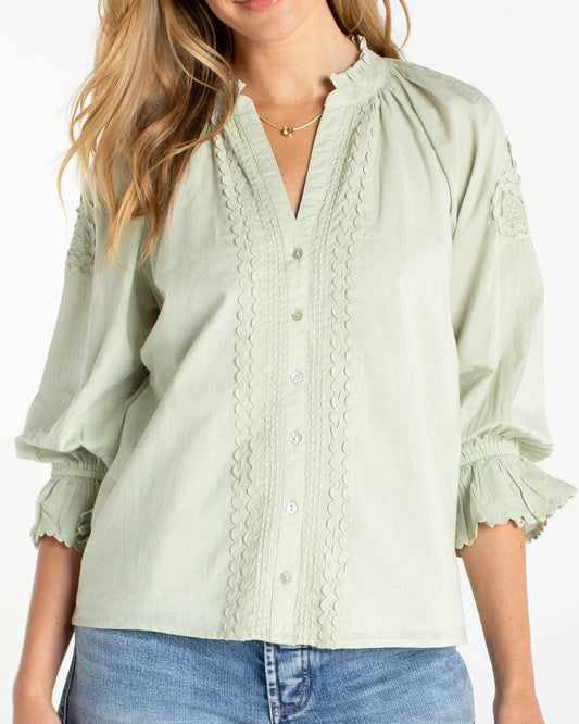 Liverpool 3/4 Sleeve Button Front Woven Top | Matcha