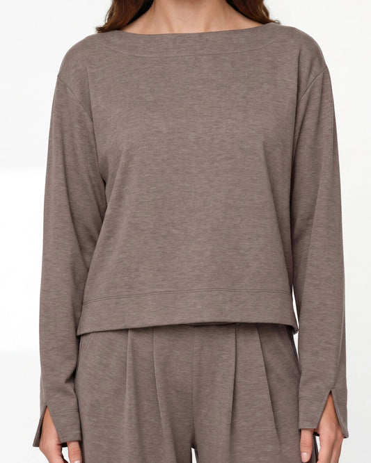 Liverpool Long Sleeve Boat Neck Top | Heathered Taupe