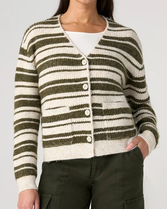 Liverpool Button Front Cardigan Sweater | Oatmeal Olive Stripe