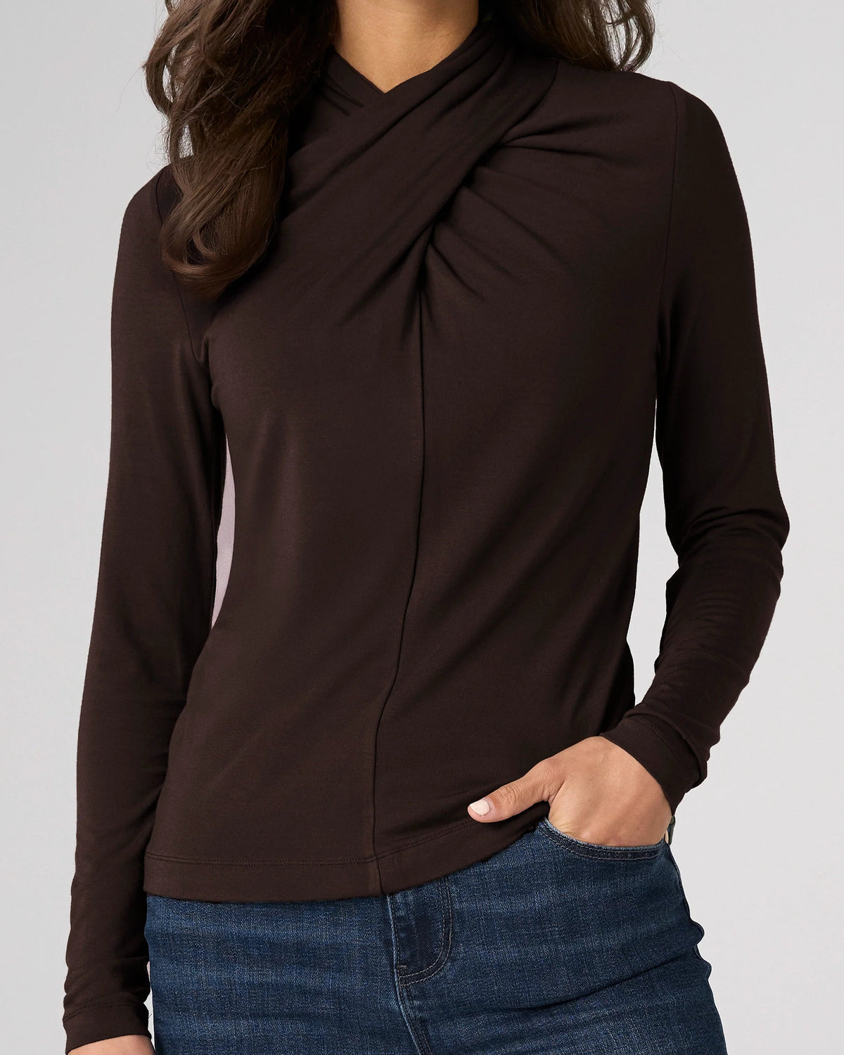 Liverpool Long Sleeve Wrap Neck Knit Top | Java