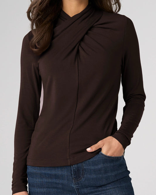 Liverpool Long Sleeve Wrap Neck Knit Top | Java