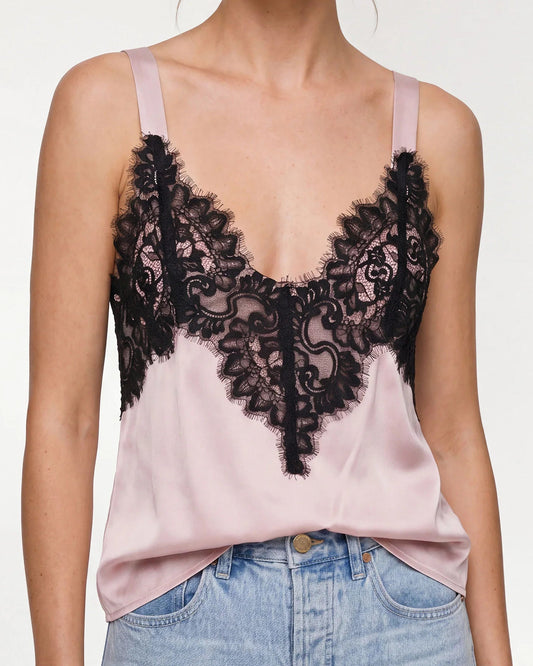 Liverpool Sleeveless Woven Top W/ Lace | Pink Chantilly